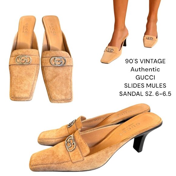 90'S VTG. authentic GUCCI G LOGO SUEDE DUSTY BROWN MULES‎ HEELS SLIDE 6-6 1/2 - Picture 1 of 7